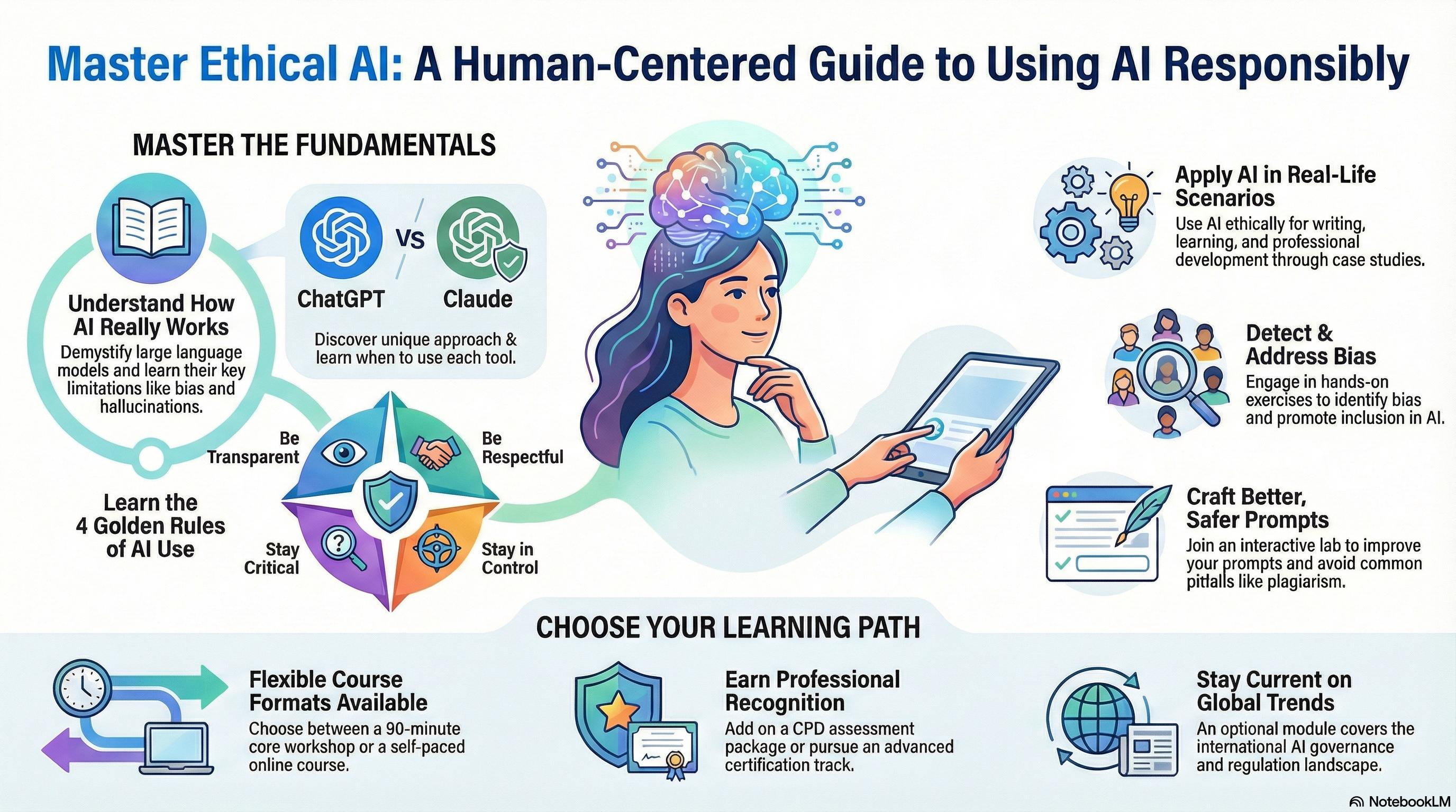 Master Ethical AI: A Human-Centred Guide to Using AI Responsibly -- course overview showing fundamentals, golden rules, real-life scenarios, bias detection, safer prompts, and learning paths